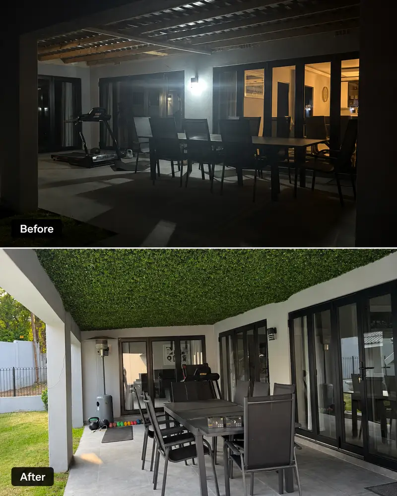 Patio ceiling installation before and after – top and bottom comparison